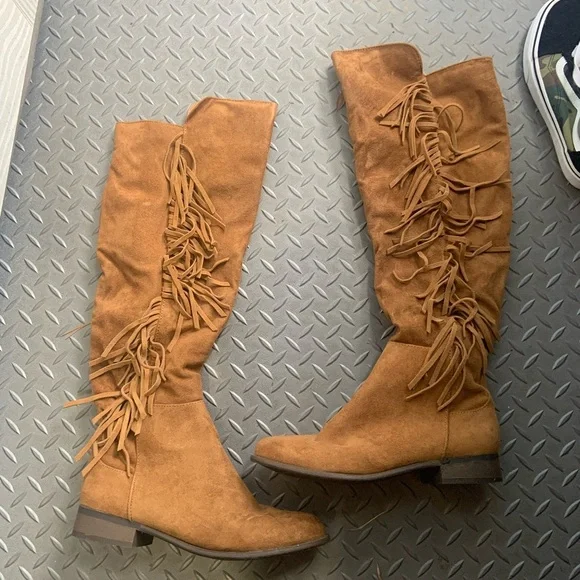 Tan Suede Knee High Fringe Boots mossimo casual classic fall 8 $60 boho - Picture 9 of 9